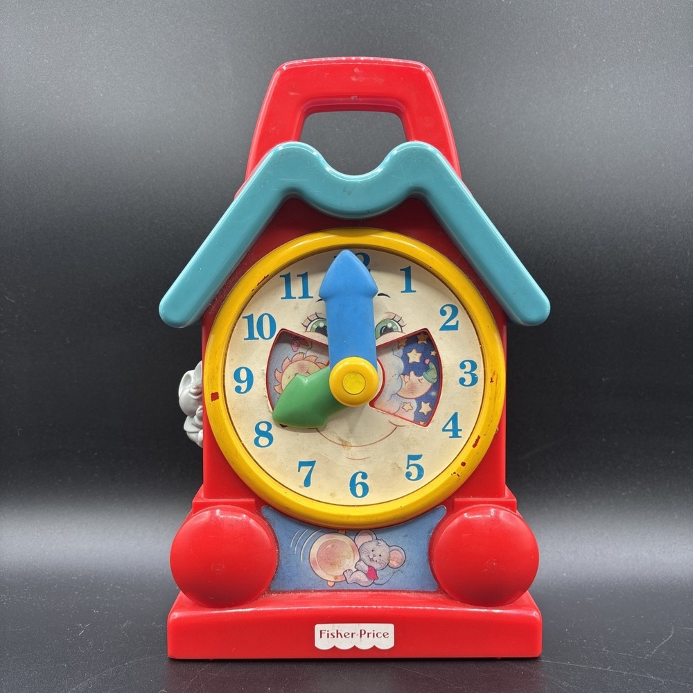 Vintage 1994 Fisher Price Teaching Clock Music Box Wind Up Toy Works